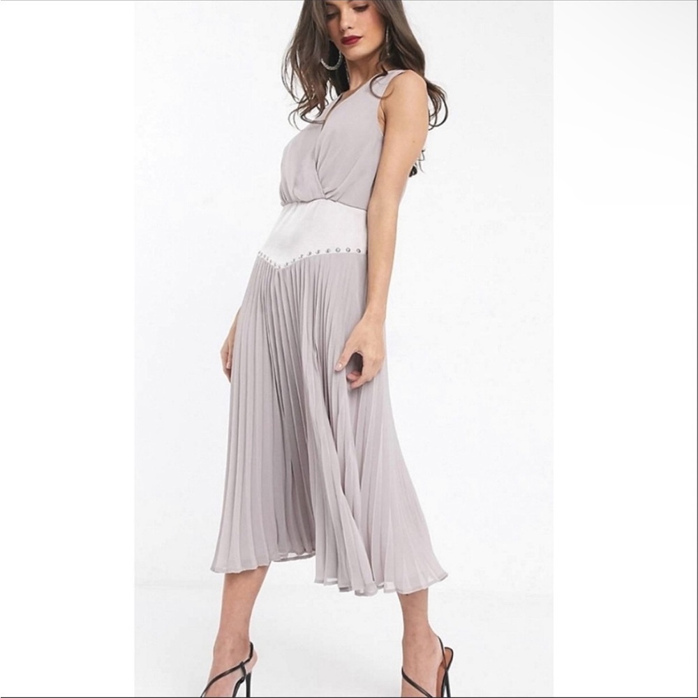 ASOS DESIGN Drop Waist Stud Detail Pleat Midi Dress - Size 6 - Picture 11 of 11